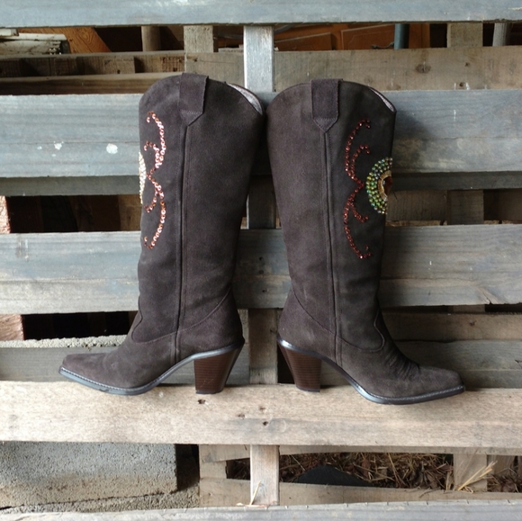 Brown Suede Sequin Pull On Colin Stuart Jeweled Boots - Picture 5 of 8